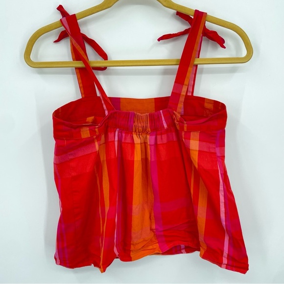 Corey Lynn Calter MACY bow Tie Shoulder plaid top blouse poplin red orange XS - Picture 3 of 6